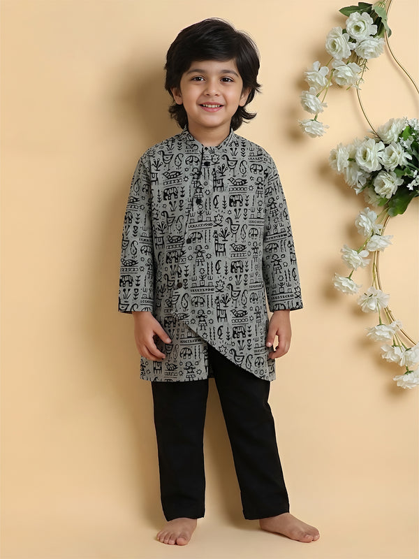 Polka Tots Cotton Full Sleeve Tribal Print Ethnic Kurta Pyjama Set - Black