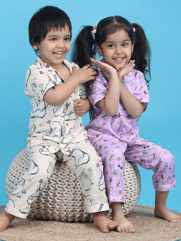 Polka Tots Half Sleeves Ice-cream print Night Suit - Purple