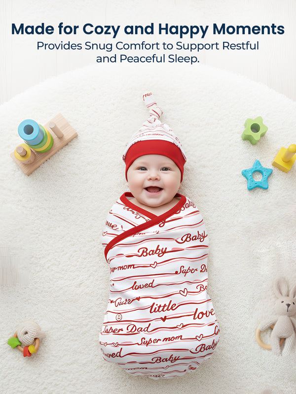 Polka Tots Love Print Swaddle wrap with Cap - Red