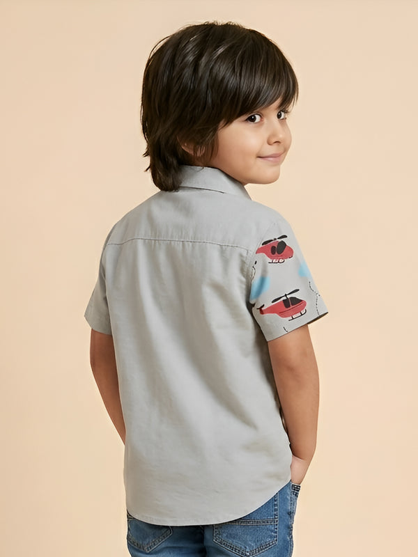 Polka Tots Cotton Regular Fit Half Printed Helicopter Sky Theme Shirt - Grey
