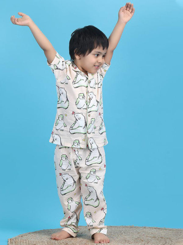 Polka Tots Half Sleeve Bear and Penguin print Night Suit - Peach