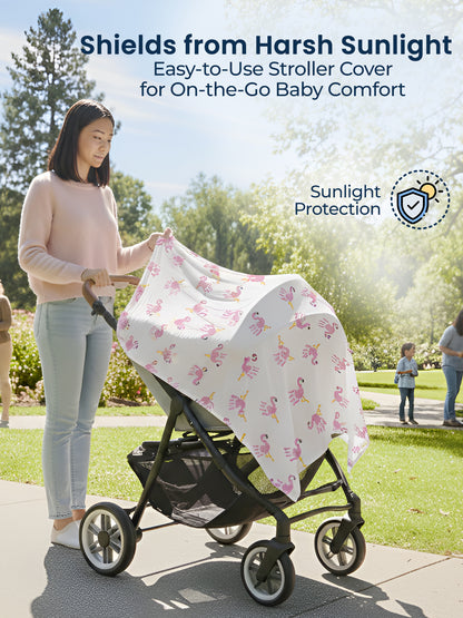Woman using a stroller with a floral sunshade in a park setting, emphasizing sunlight protection.