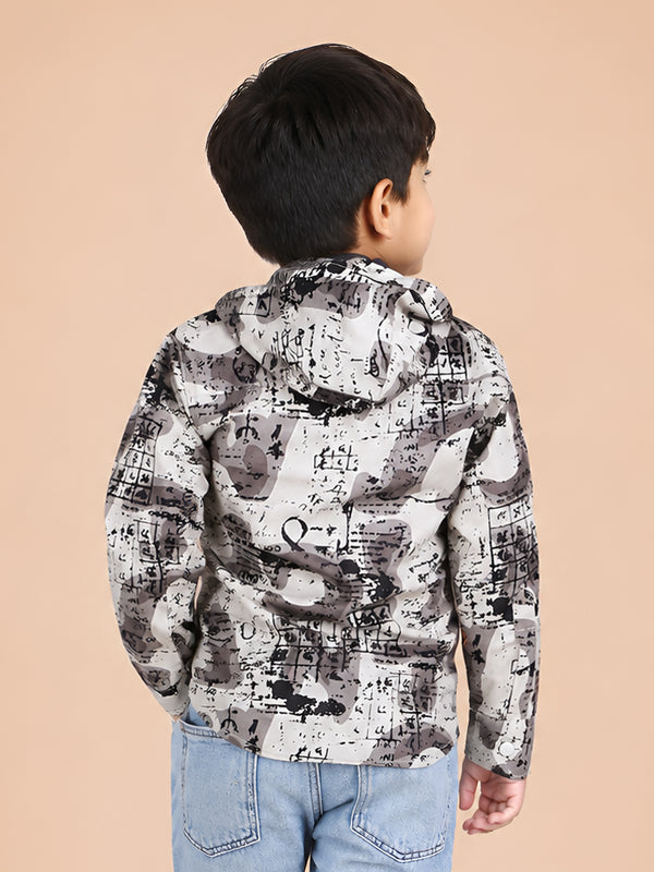 Polka Tots Full Sleeves Abstract Scribble Print Hooded Kids Shirt with Smiley Patch - Cream