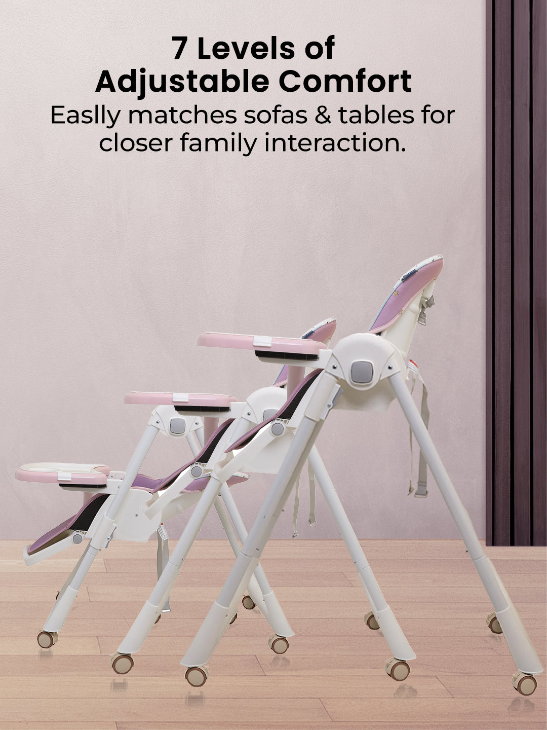 Adjustable chair with 7 levels of comfort on a wooden floor against a pink wall.