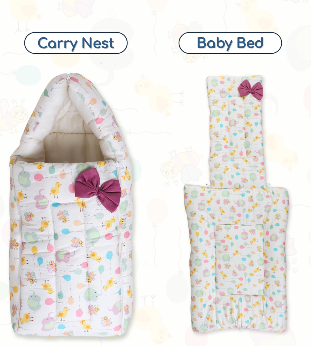 Polka Tots Baby Sleeping Nest Cotton Carry Pod Bedding for Newborn Sleeping Bag with a Bow - Balloon print Yellow