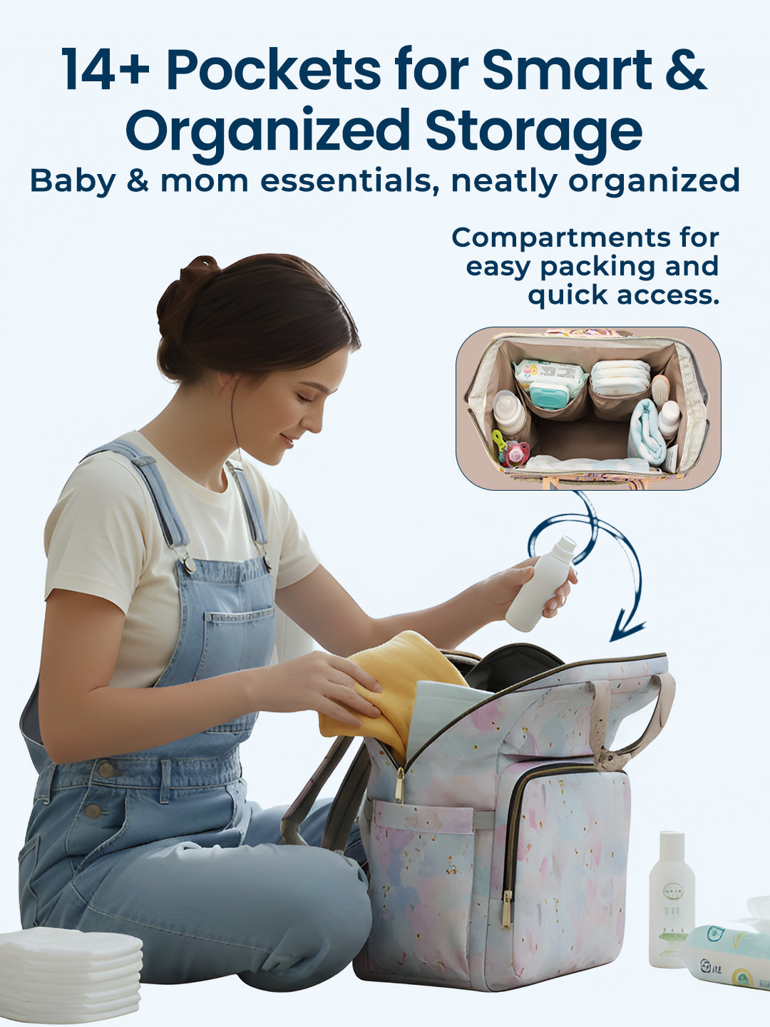 Woman organizing a baby bag with text highlighting storage features