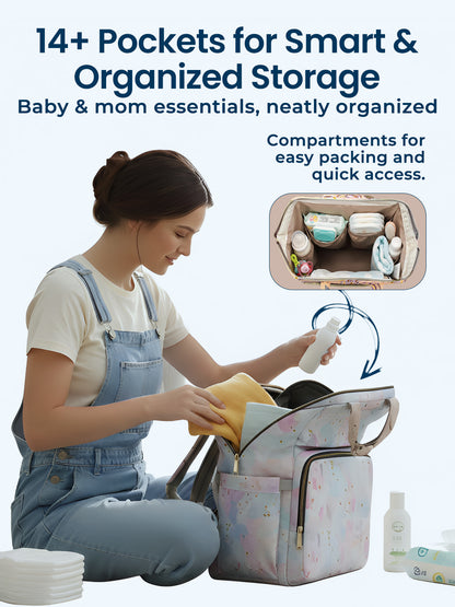 Woman organizing a baby bag with text highlighting storage features