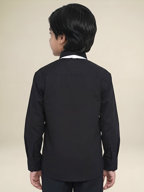Polka Tots Full Sleeves Cotton self textured Shirt with Tie - Black