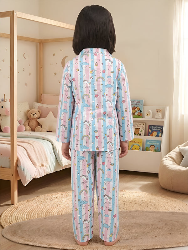 Polka Tots Full sleeves Unicorn print Stripes Night suit - Pink