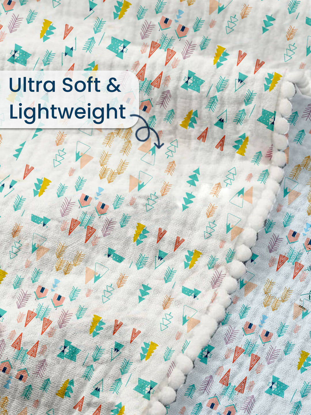 Polka Tots 100% Soft Muslin Cotton 3-Layer Reversible Baby Blanket/Dohar with Pom-Pom Lace - Tiny Town and Cupid Print