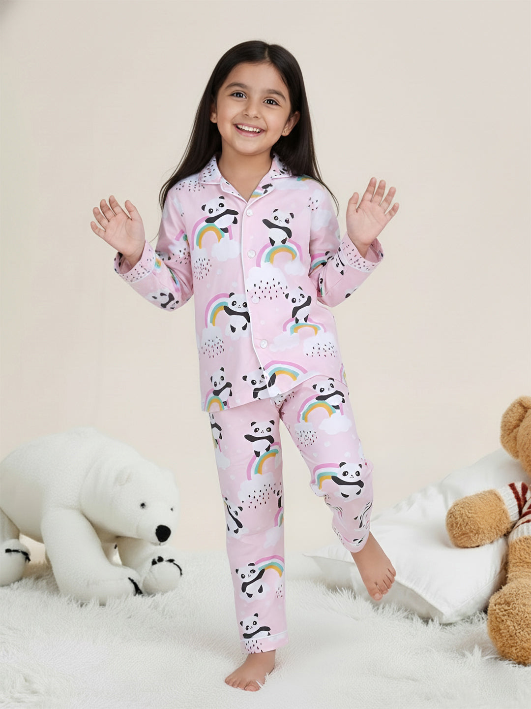 Polka Tots Full sleeve Panda Rainbow Print Night suit - Pink
