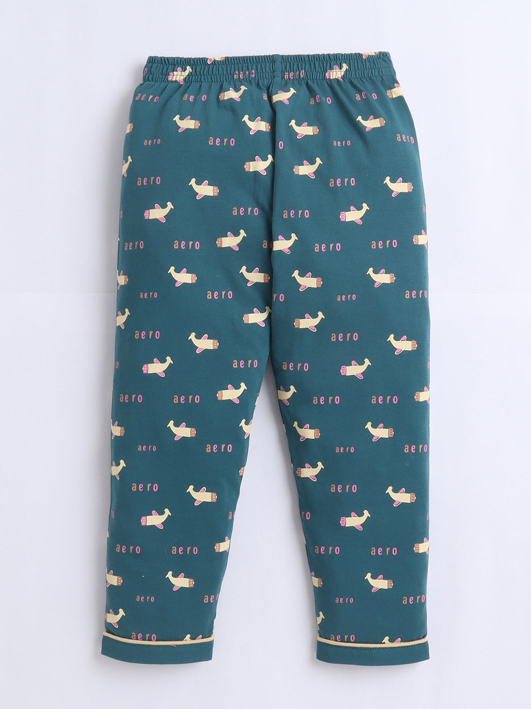 Teal children's pants with dog pattern on a white background