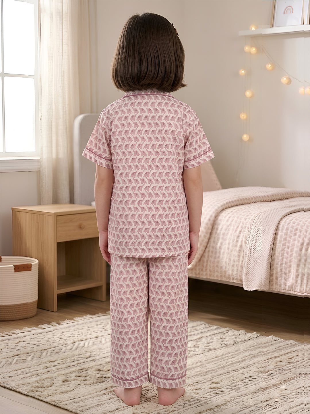 Polka Tots Half sleeves Elephant print Night Suit - Pink