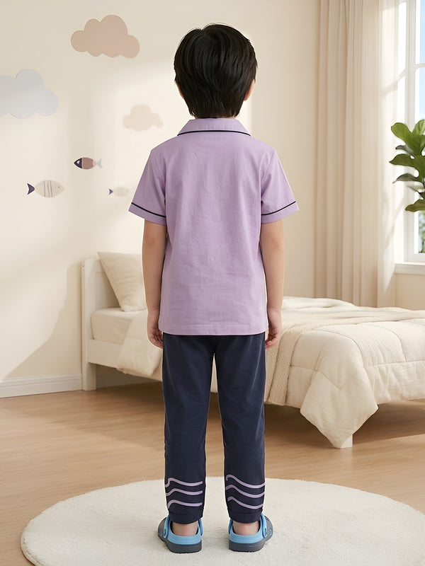 Polka Tots Half sleeves Fish print Night Suit - Purple