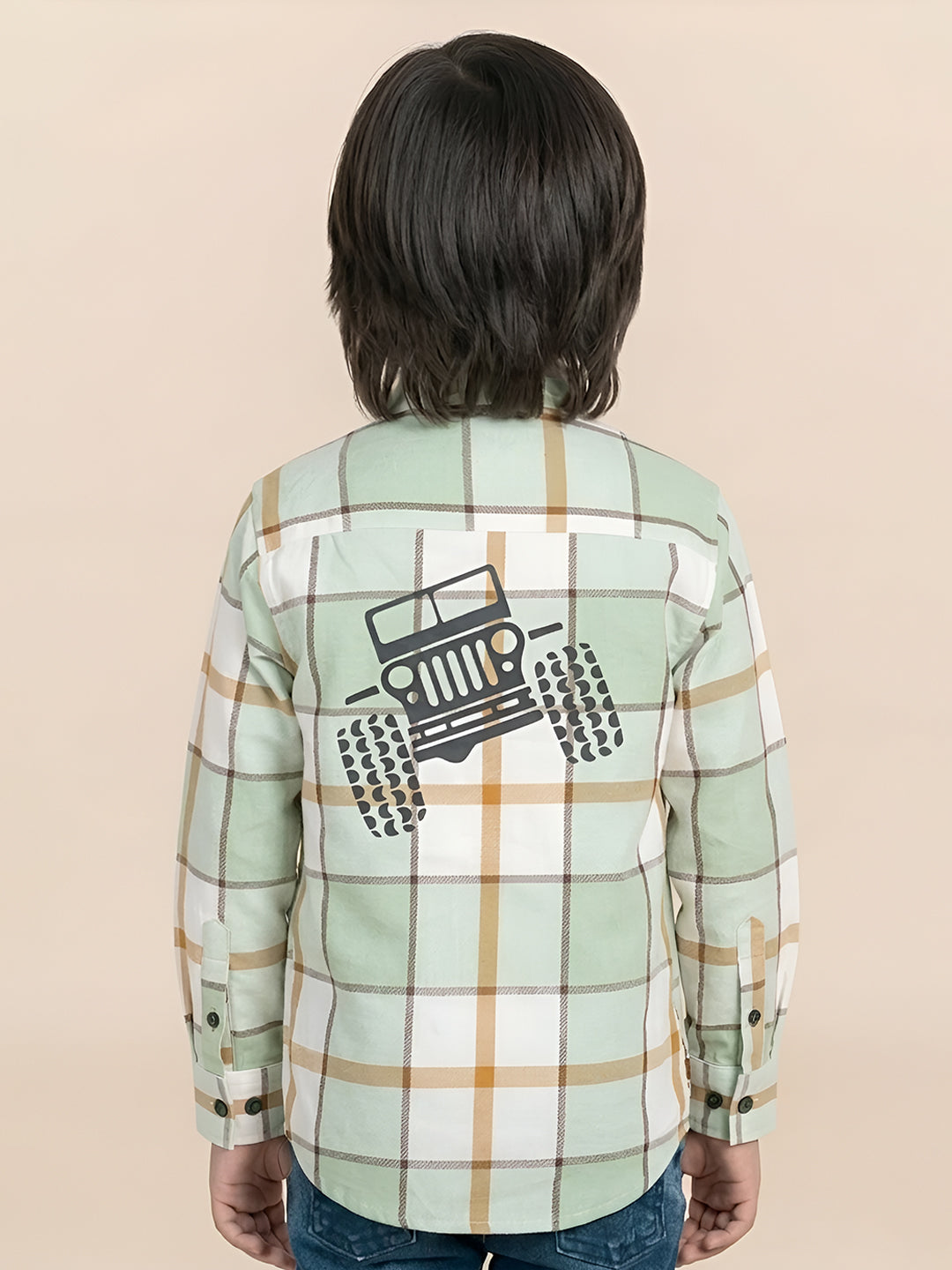 Polka Tots Full Sleeves Off Road Traveller Checks print Tshirt shirt - Green