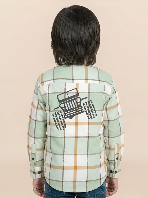 Polka Tots Full Sleeves Off Road Traveller Checks print Tshirt shirt - Green