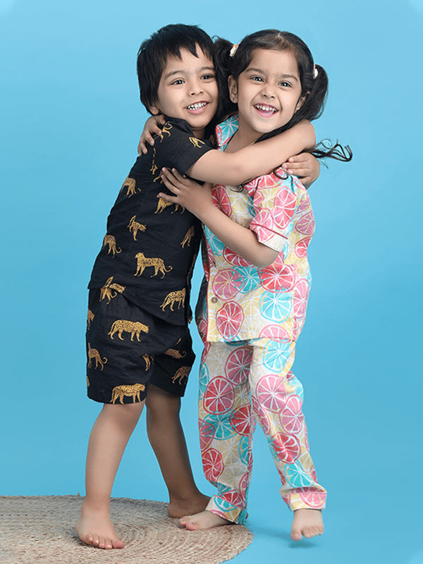 Polka Tots Half Sleeve Lemon print Night Suit - Multicolor