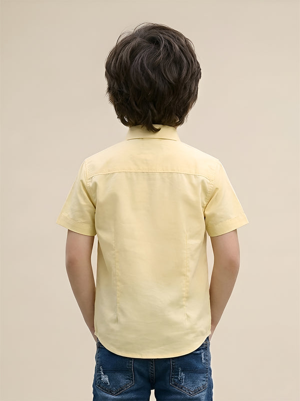 Polka Tots Cotton Regular Fit Roarrr Tyre Metallic Print Shirt With Bow Tie - Yellow