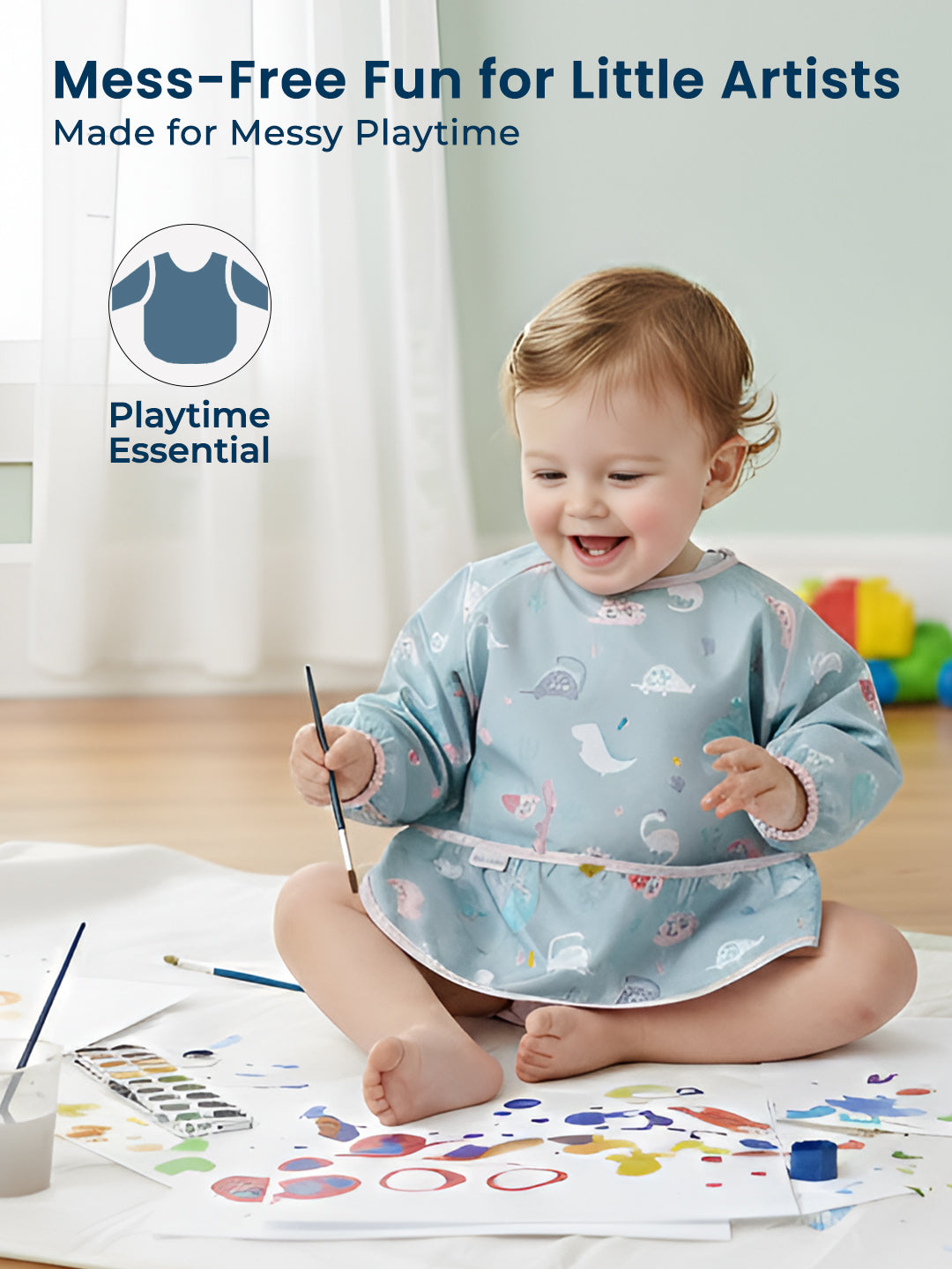 Child wearing a bib while playing with art supplies, with text 'Mess-Free Fun for Little Artists' and 'Made for Messy Playtime'.