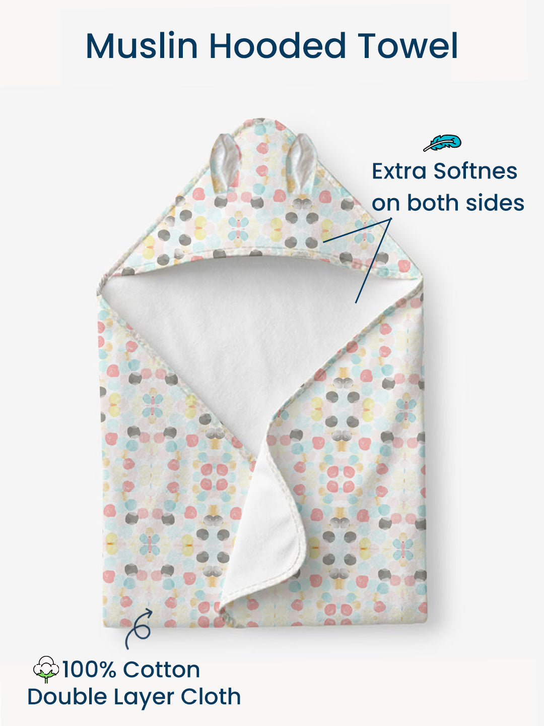 Polka Tots 100% Soft Muslin Cotton 2-Layer Hooded Baby Towel with Ear Appliqué - Polka Dots Print