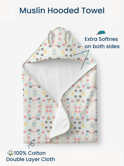 Polka Tots 100% Soft Muslin Cotton 2-Layer Hooded Baby Towel with Ear Appliqué - Polka Dots Print
