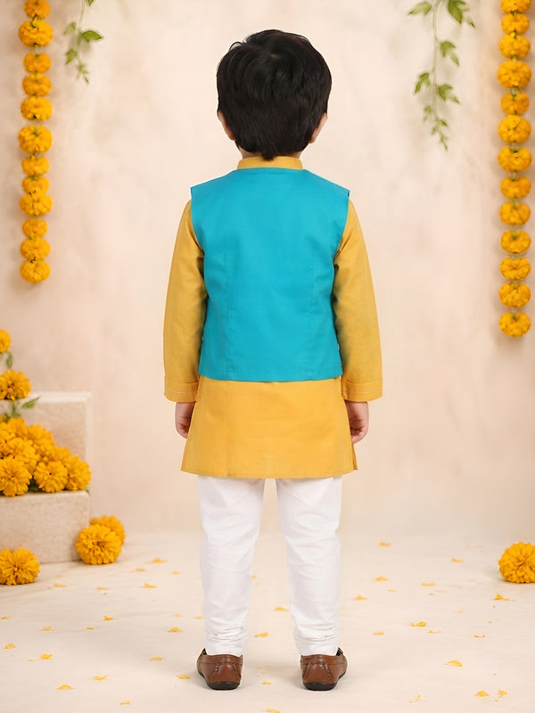 Polka Tots Full sleeves Giraffe Embroidery Koti Kurta Pyjama - Yellow