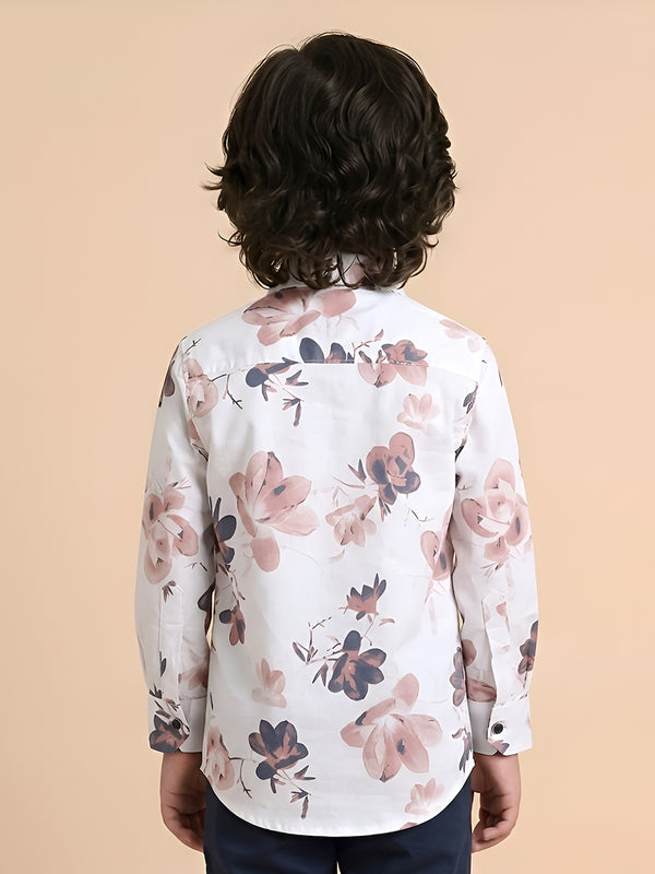 Polka Tots Full Sleeve Shirt Rust Blue Floral Print - White