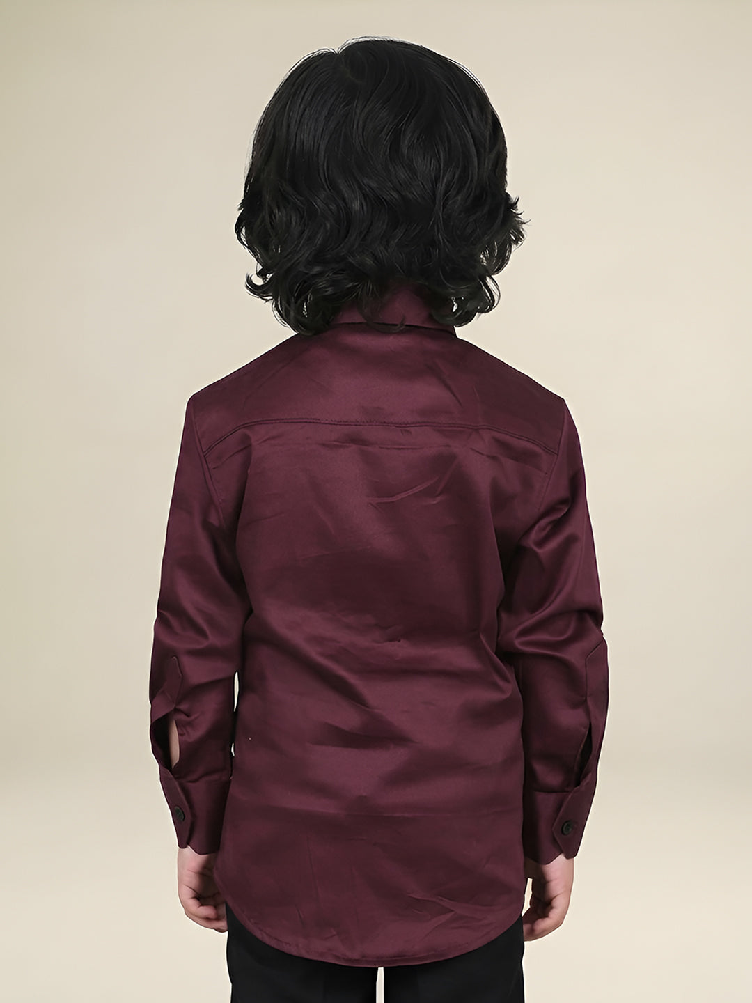 Polka Tots Full Sleeves Cotton Satin Shirt with Bow Tie - Maroon