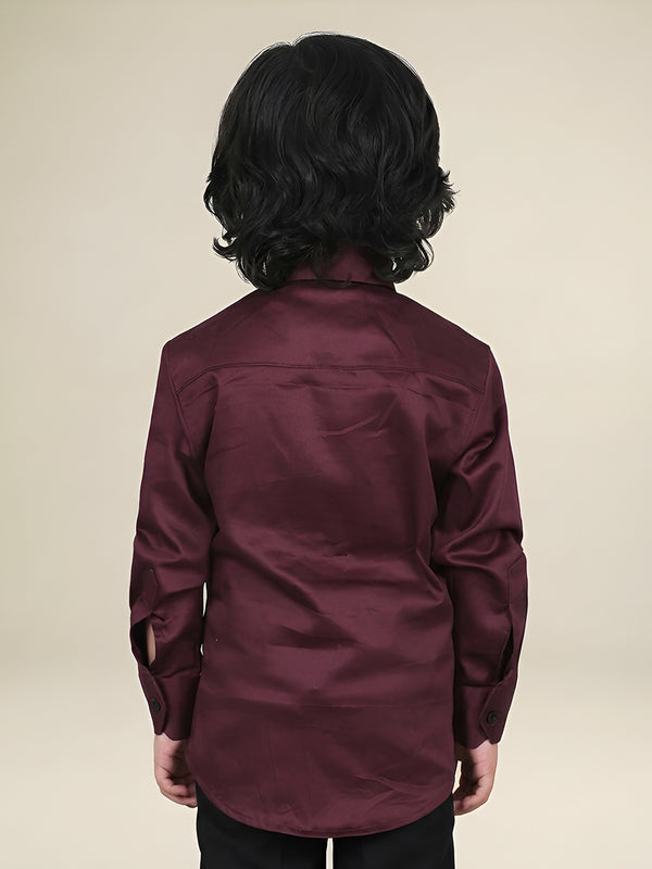 Polka Tots Full Sleeves Cotton Satin Shirt with Bow Tie - Maroon