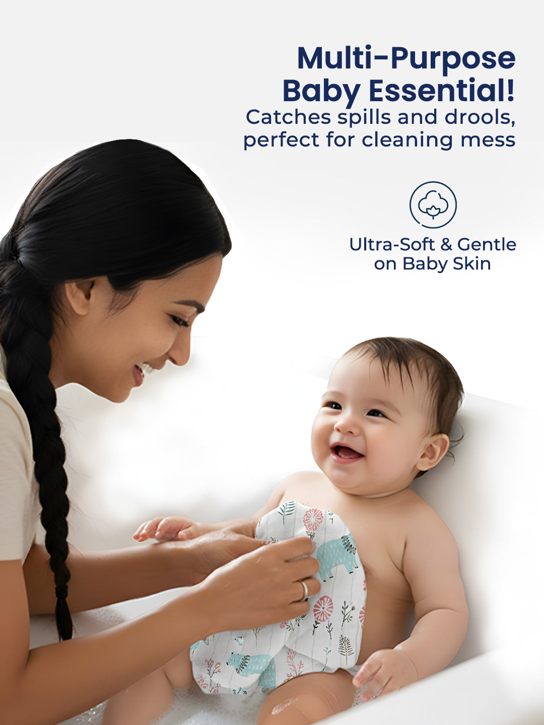 Woman changing a baby's diaper with text about the product's benefits on a light background