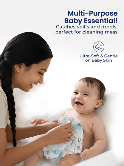 Woman changing a baby's diaper with text about the product's benefits on a light background