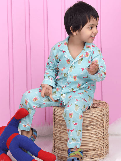 Polka Tots Full sleeves Juice print Night Suit - Blue