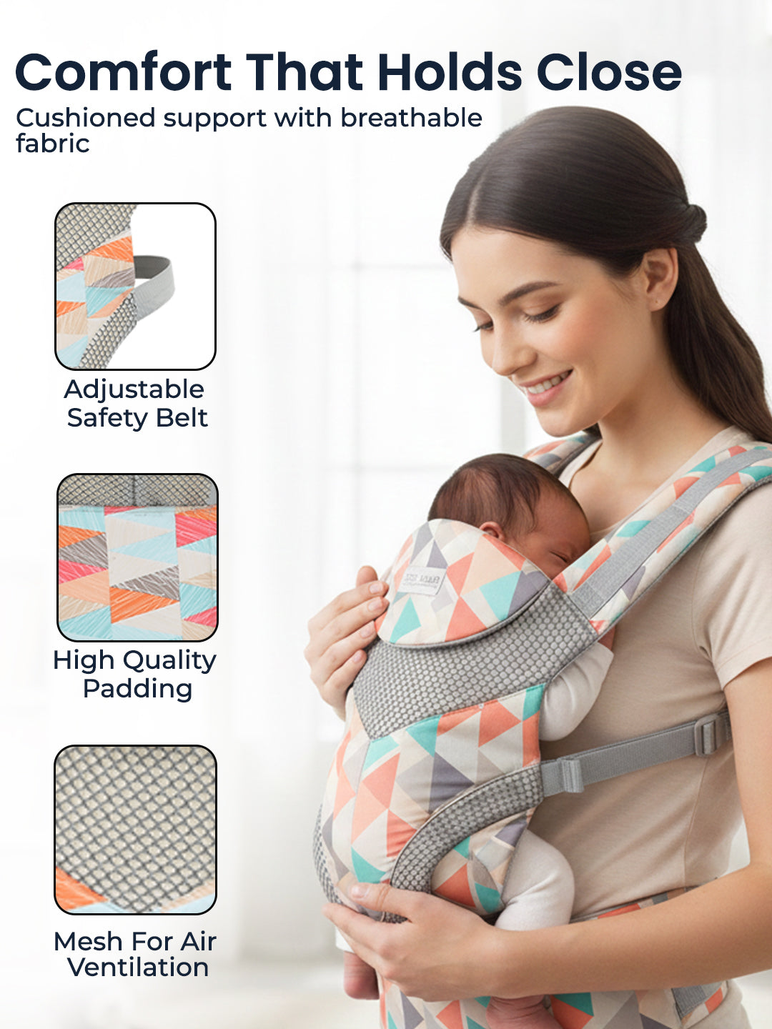 Woman holding a baby in a patterned baby carrier with text highlighting features.