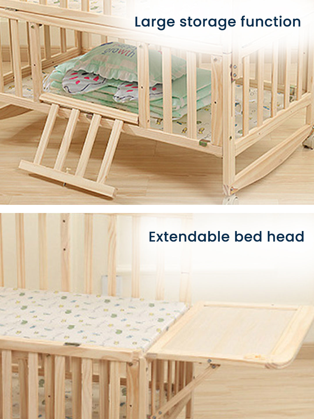 Wooden crib with large storage function and extendable bed head feature.