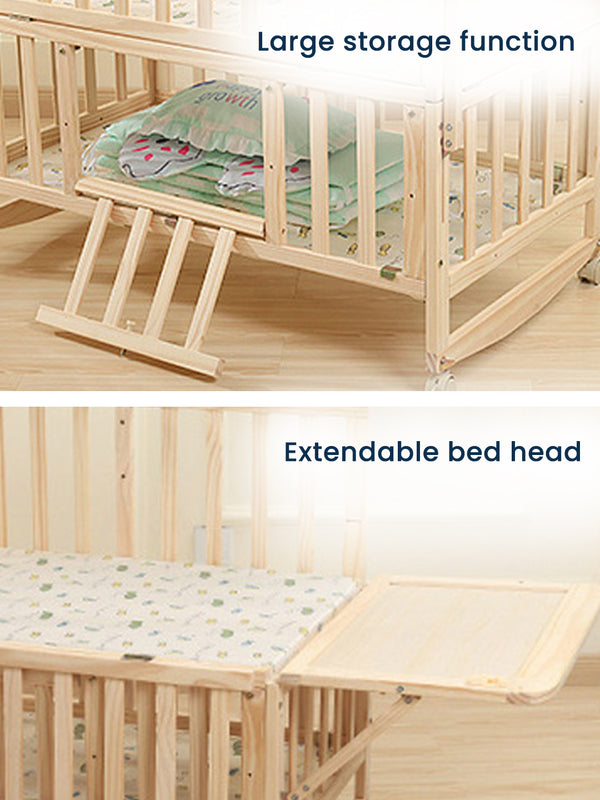 POLKA TOTS Elegant Wooden Rocking Cradle Baby Crib Cot / Kids Toddler Multifunctional Adjustable Bedding set with Mosquito net
