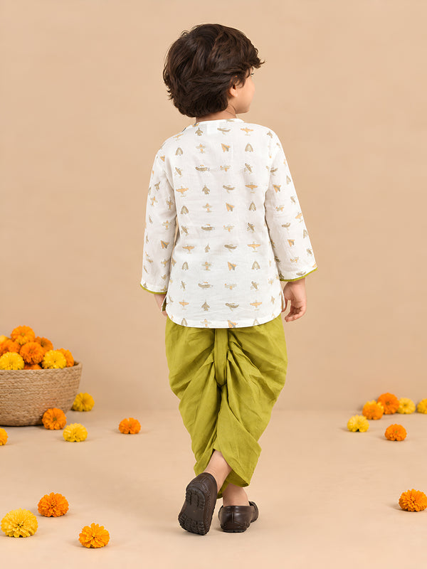 Polka Tots Cotton Full Sleeve Airplane Print Angrakha Top With Dhoti - Green