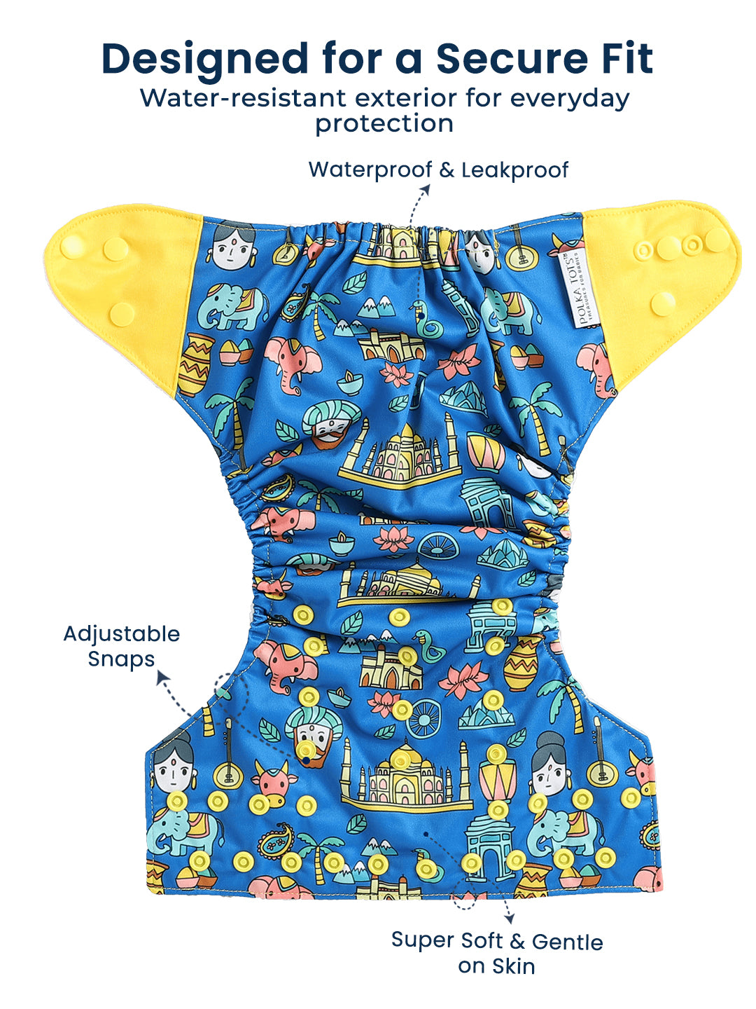 Blue diaper with colorful prints and yellow legs on a white background, featuring text about its features.