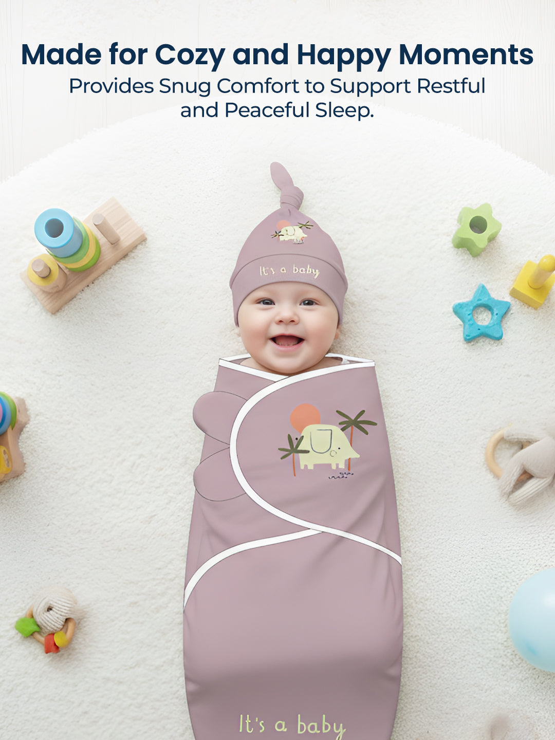 Polka Tots Cute Elephant print swaddle wrap with Cap - Lavender