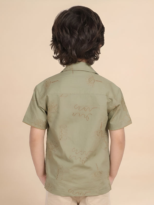 Polka Tots Half Sleeves Embroidered Shirt - Green