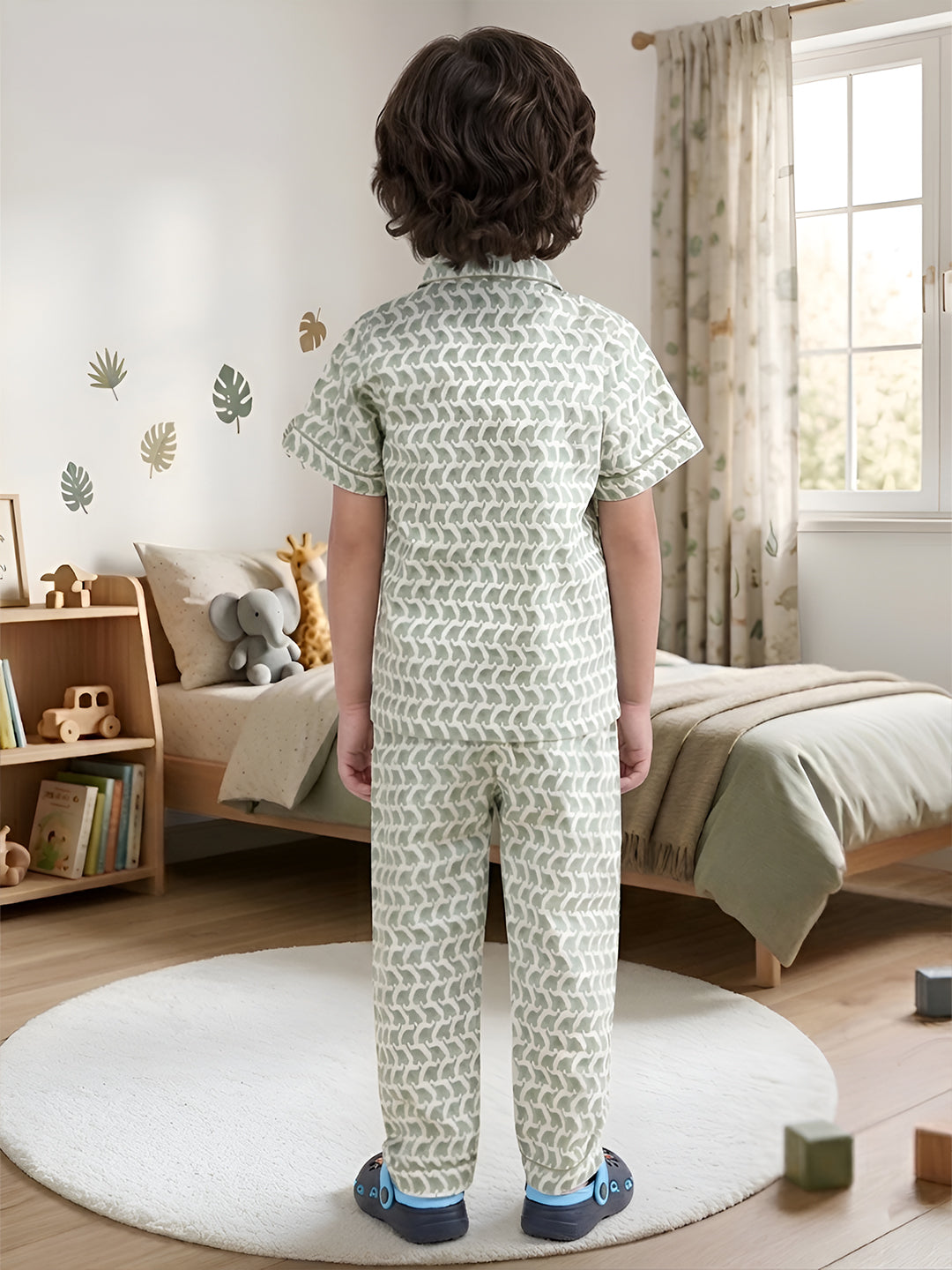Polka Tots Half sleeves Elephant print Night Suit - Green