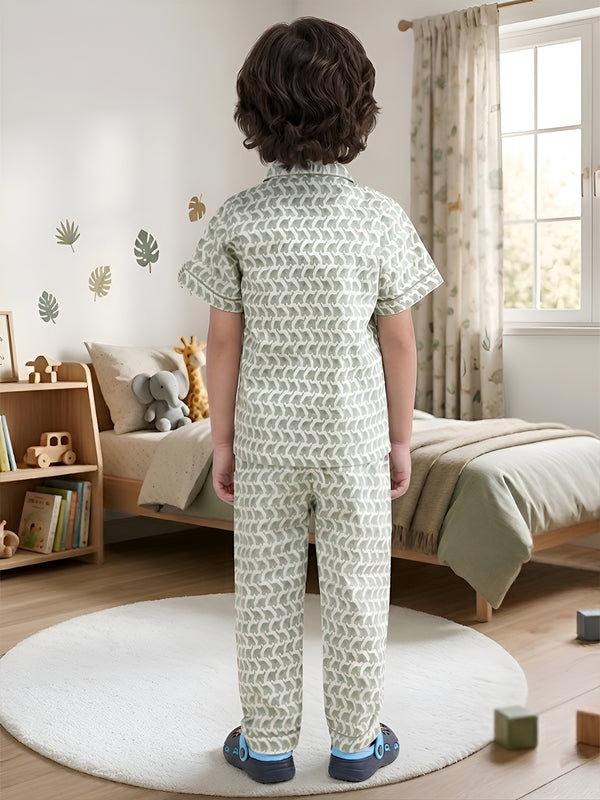 Polka Tots Half sleeves Elephant print Night Suit - Green