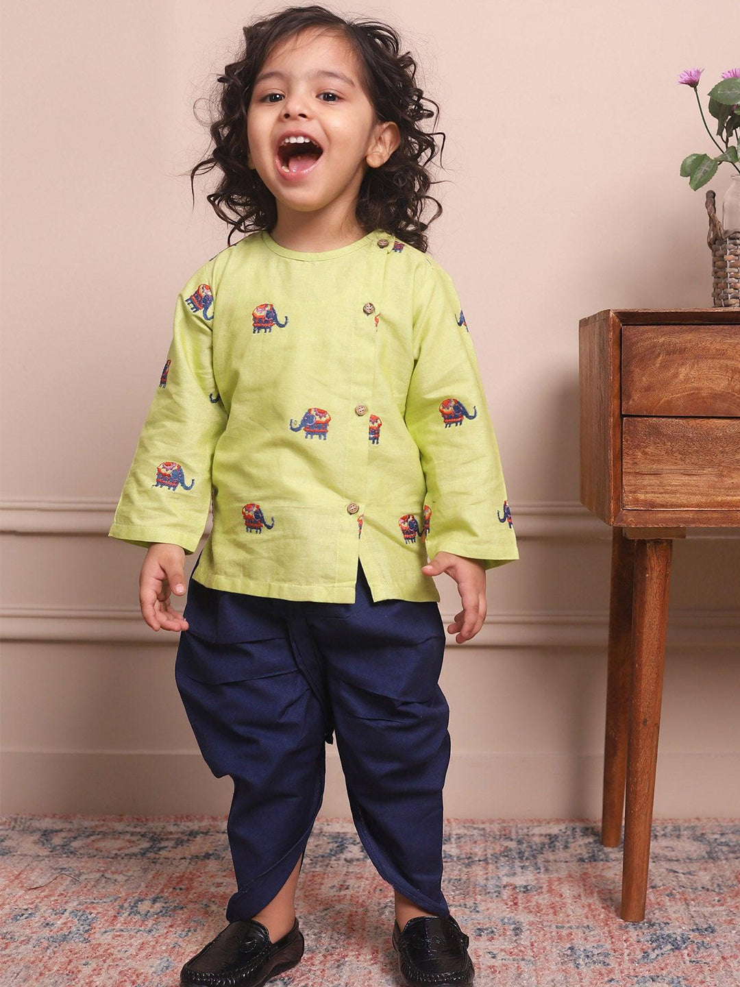 Polka Tots Full Sleeve Elephant Embroidery Angrakha Top With Dhoti - Green