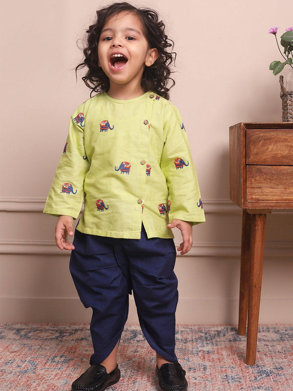 Polka Tots Full Sleeve Elephant Embroidery Angrakha Top With Dhoti - Green