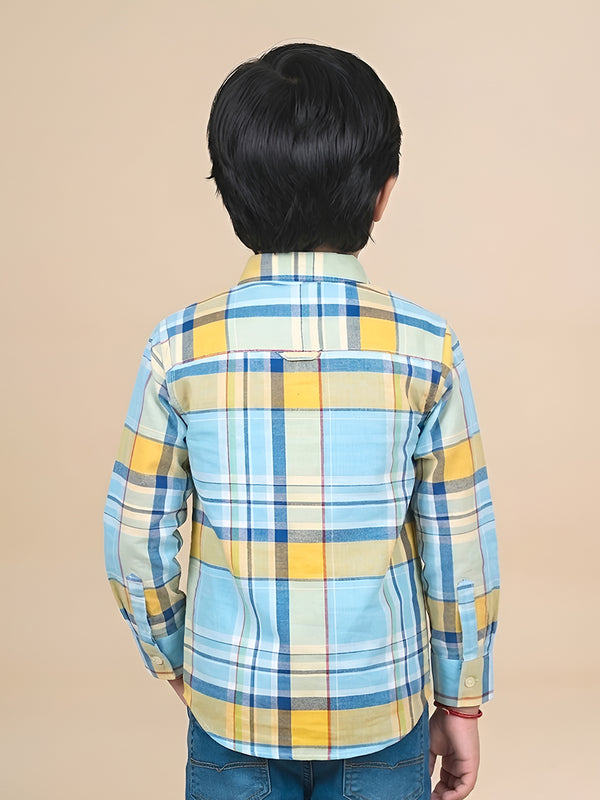 Polka Tots Full Sleeves Baby Boss print Checks Shirt - Light Blue