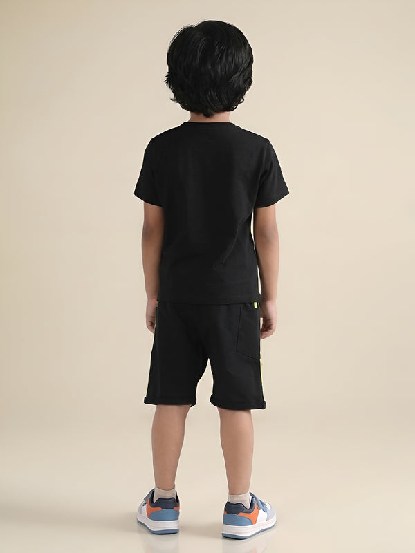 Polka Tots Half Sleeves My Dad is cooler than yours print T-Shirt Shorts - Black