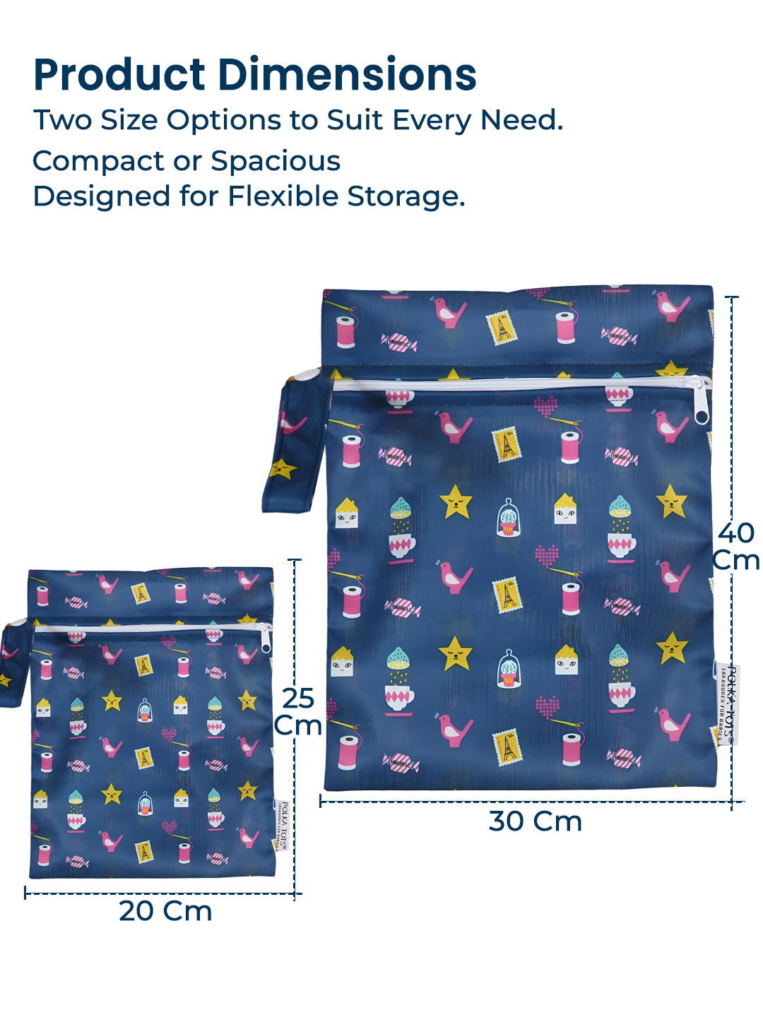 Blue storage bags with colorful patterns and dimensions on a white background