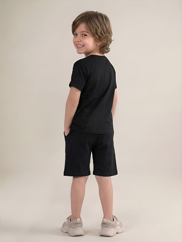 Polka Tots Half Sleeves Sun Patch T-Shirt Shorts - Black