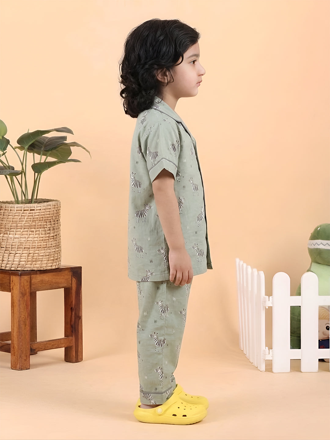 Polka Tots Half Sleeve Zebra print Night Suit - Green