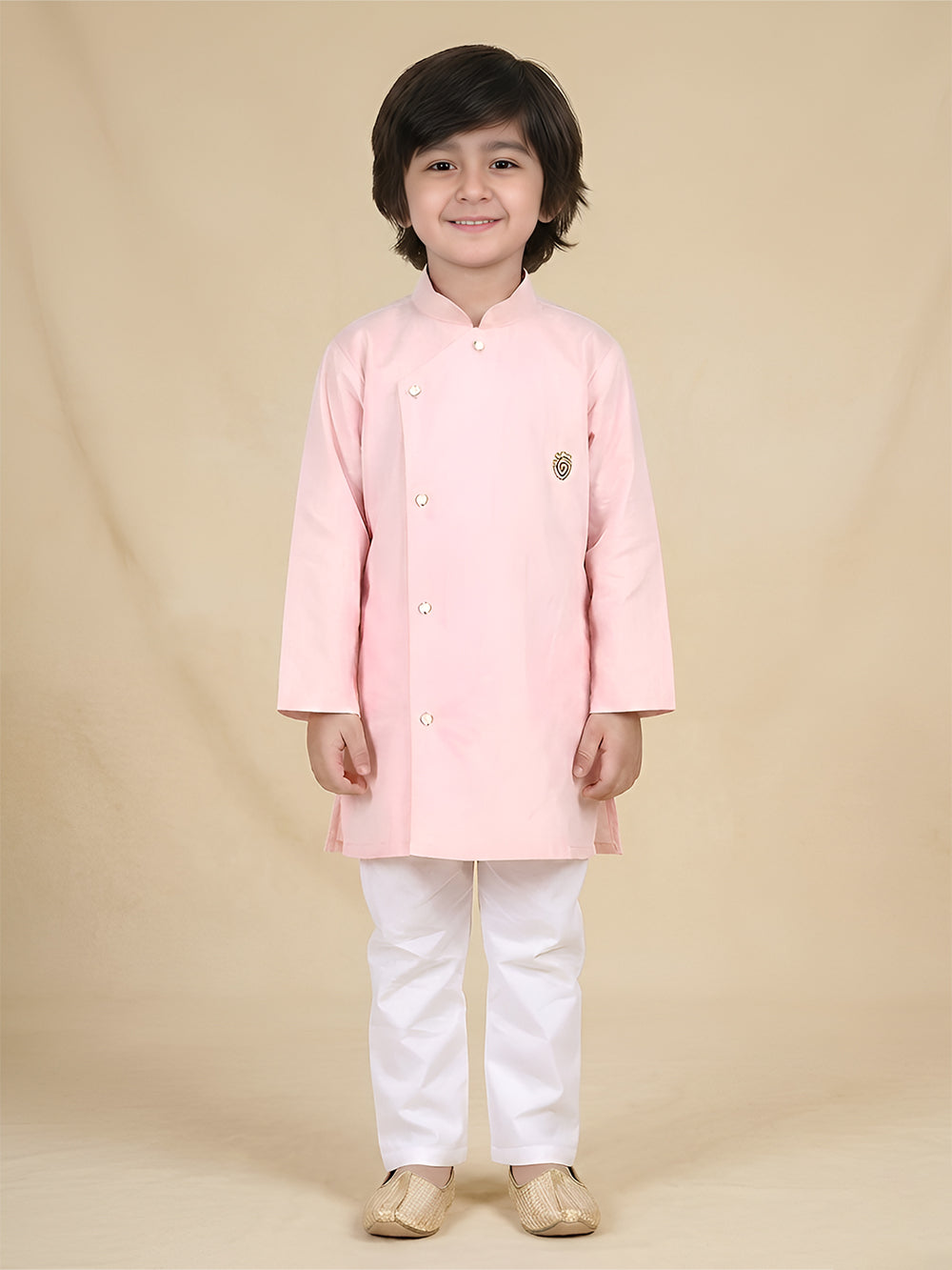 Polka Tots Full Sleeve Solid Ethnic Kurta Pyjama Set - Peach