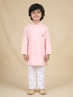 Polka Tots Full Sleeve Solid Ethnic Kurta Pyjama Set - Peach
